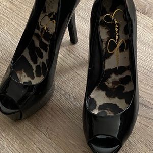 Black patent peep toe platform heels